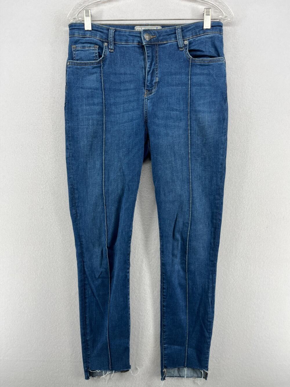 FREE PEOPLE Jeans 31 Seamed Skinny Leg Raw Fringed Hem Stretch Cotton Denim Blue